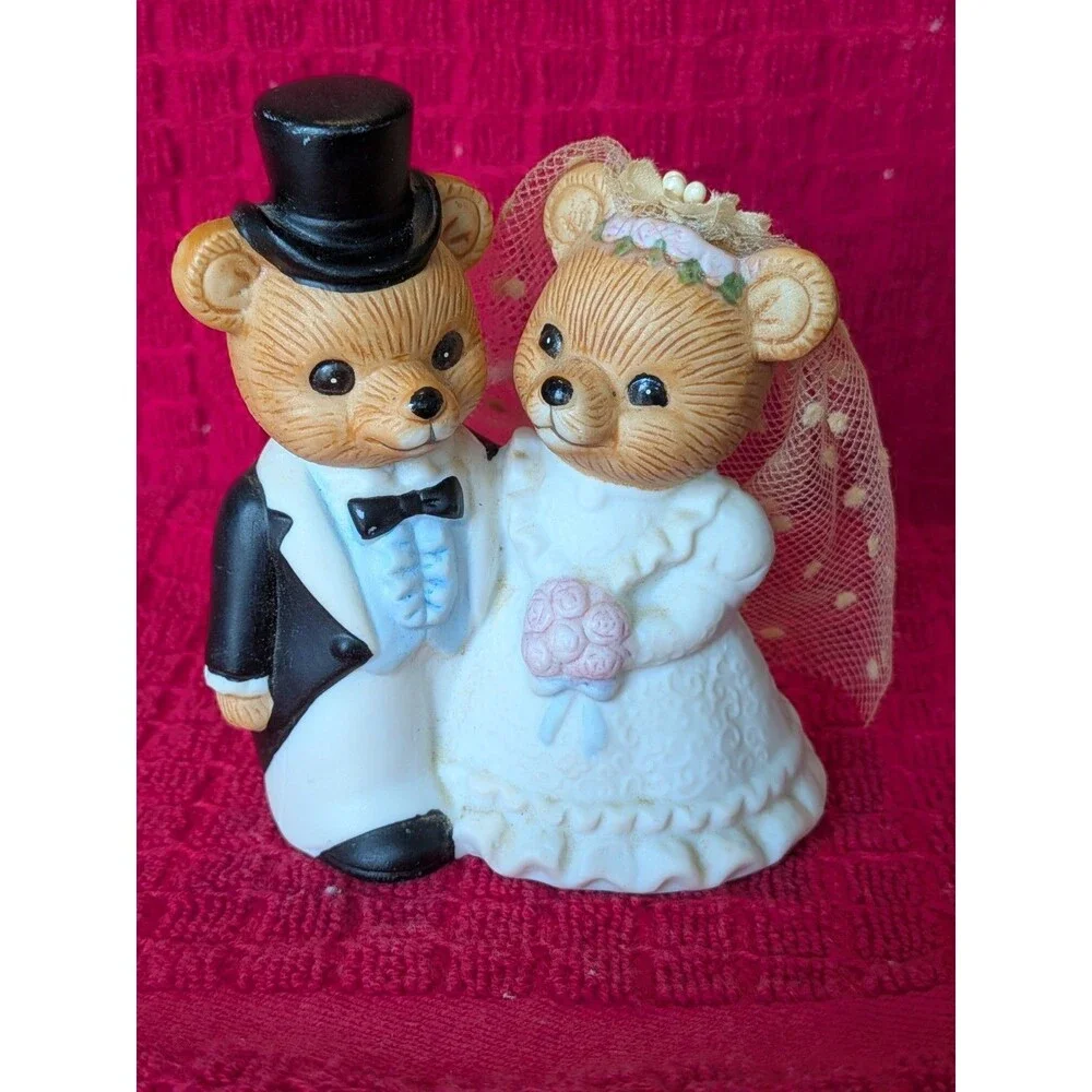 Vintage Homco Teddy Bear Cake Topper Wedding Bride Groom 70s 1424 Top Hat 3.5